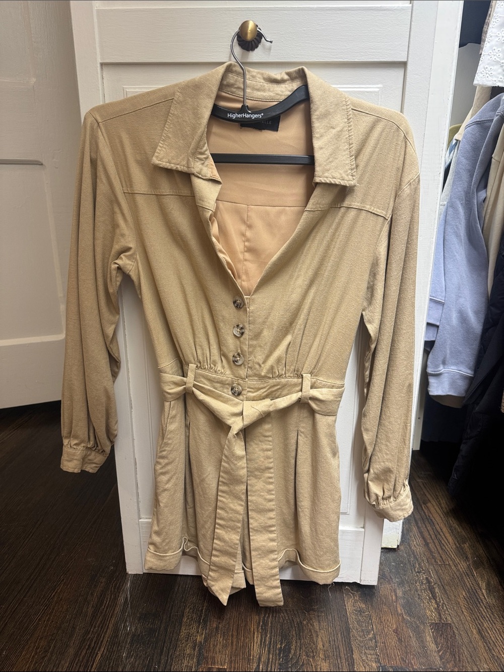 MAJORELLE Tan Button-Front Belted Long Sleeve Dress